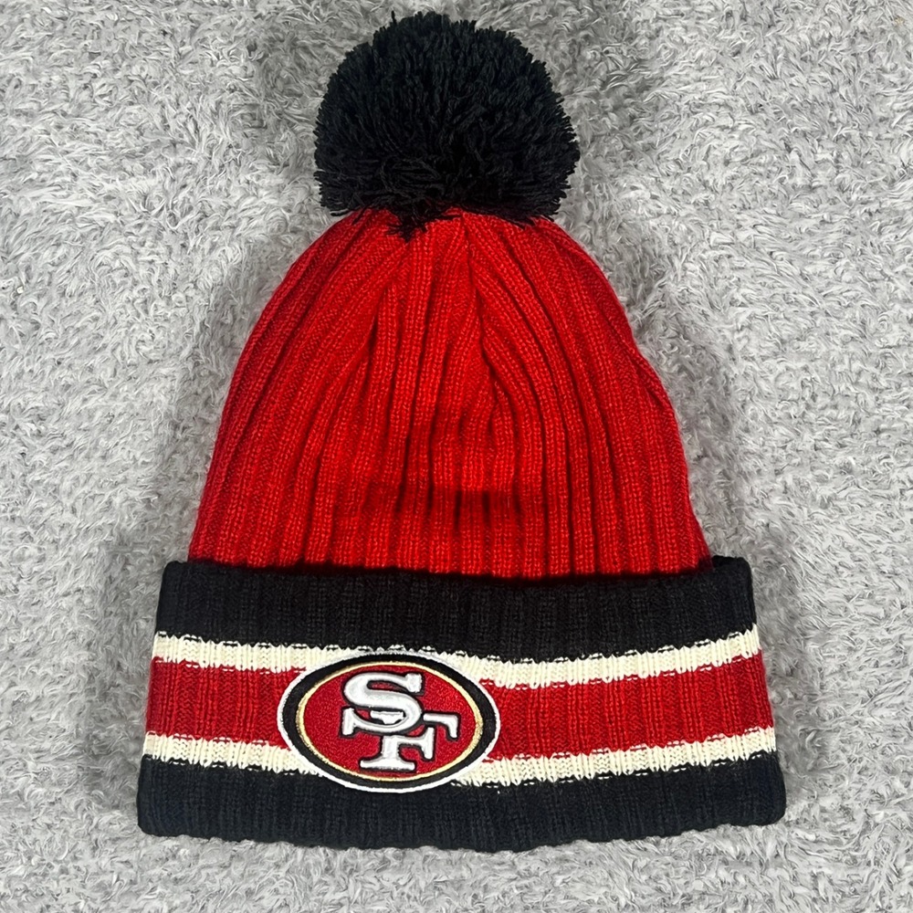 NFL Team Apparel San Francisco 49ers Beanie Unisex OSFA Red Black Pom Cuffed Hat